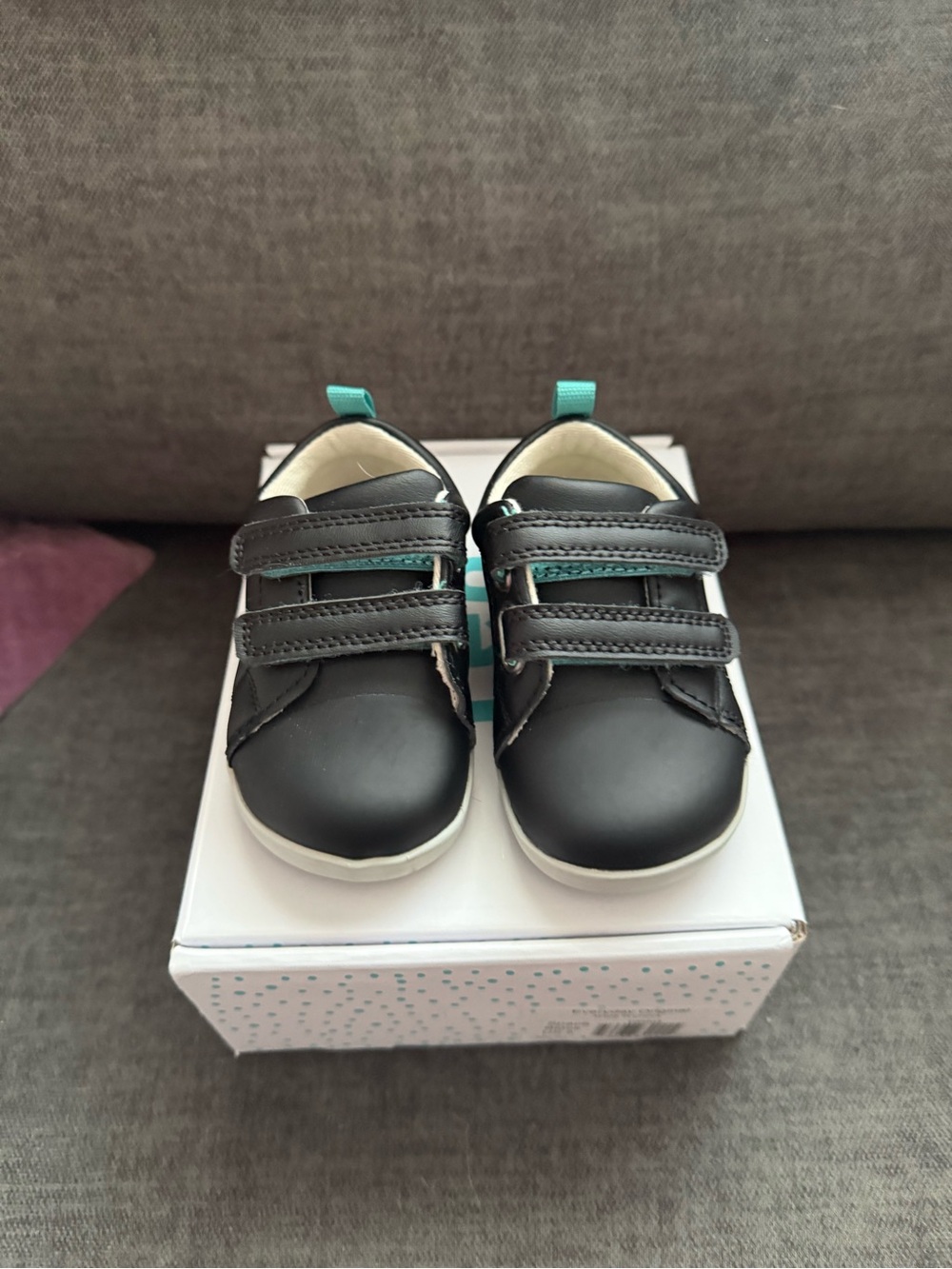 Kids Black Leather-Look Velcro Sneakers with Teal Accents
